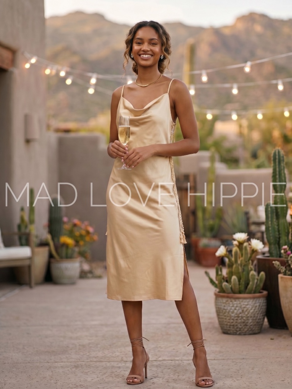 POL GoldChampagne Cowl Neck Midi Slip Dress | Lace Trim Draped Side Slit - Picture 2 of 6